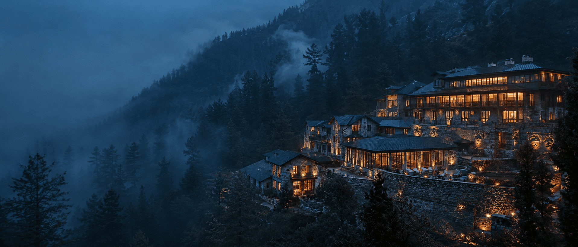 Illuminated mountain hotel surrounded by pine forest and fog at dusk